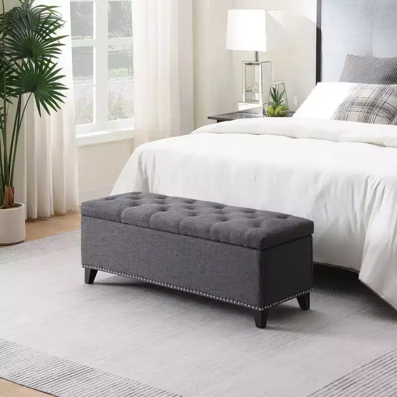 47,5" Banc ottoman de rangement, Banc de bout de lit avec charnière de sécurité, Tissu de lin capitonné, Banc pour le salon, l'entrée, la chambre, le couloir