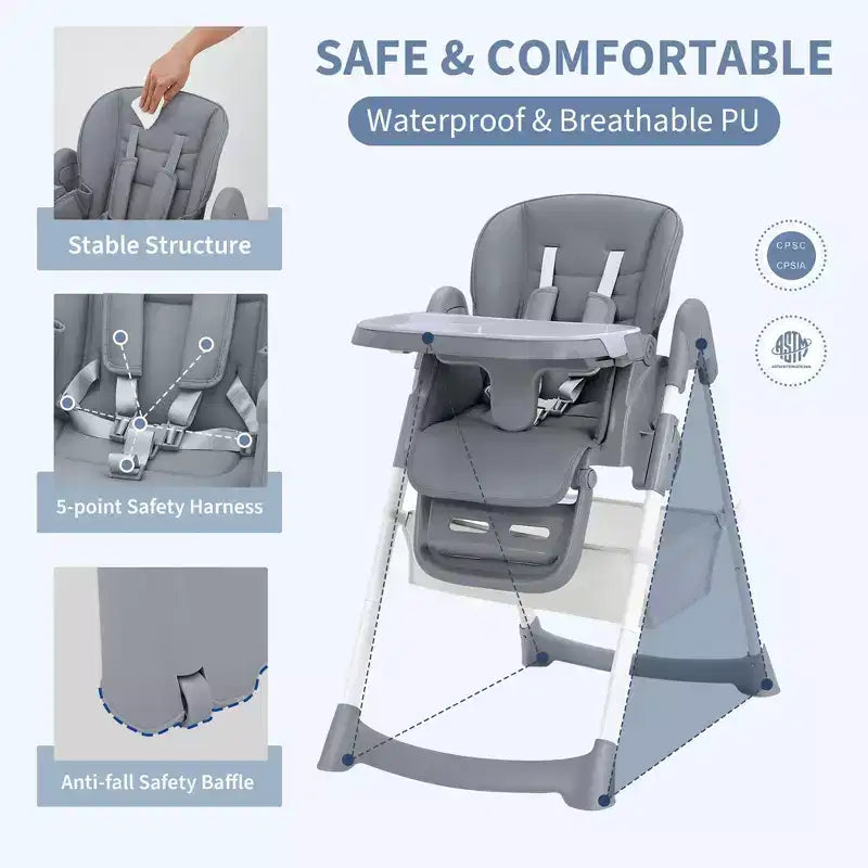 Chaise haute bébé pliable avec harnais 5 points – Hauteur réglable, tablette amovible et roulettes verrouillables, chaise haute portable en cuir PU (gris foncé)
