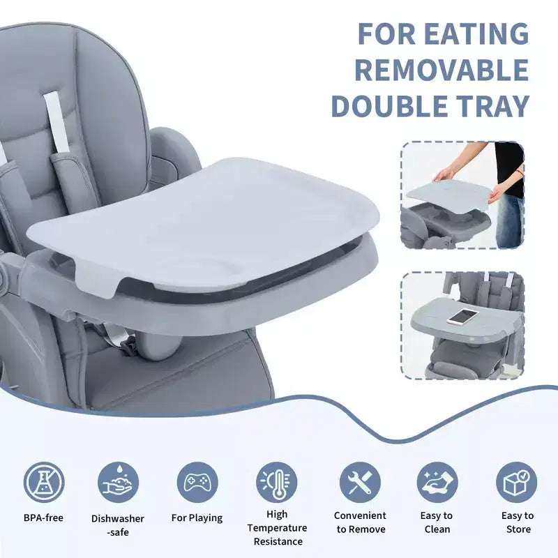 Chaise haute bébé pliable avec harnais 5 points – Hauteur réglable, tablette amovible et roulettes verrouillables, chaise haute portable en cuir PU (gris foncé)