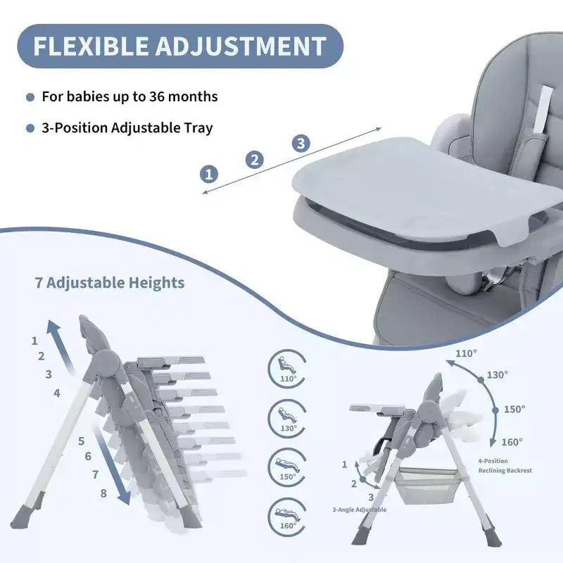 Chaise haute bébé pliable avec harnais 5 points – Hauteur réglable, tablette amovible et roulettes verrouillables, chaise haute portable en cuir PU (gris foncé)
