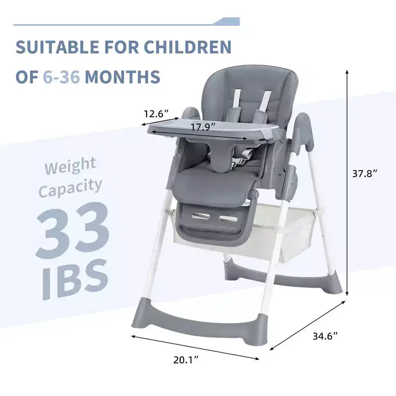 Chaise haute bébé pliable avec harnais 5 points – Hauteur réglable, tablette amovible et roulettes verrouillables, chaise haute portable en cuir PU (gris foncé)