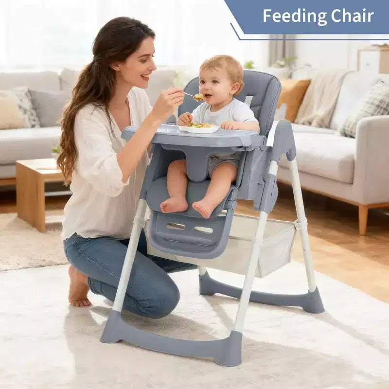 Chaise haute bébé pliable avec harnais 5 points – Hauteur réglable, tablette amovible et roulettes verrouillables, chaise haute portable en cuir PU (gris foncé)