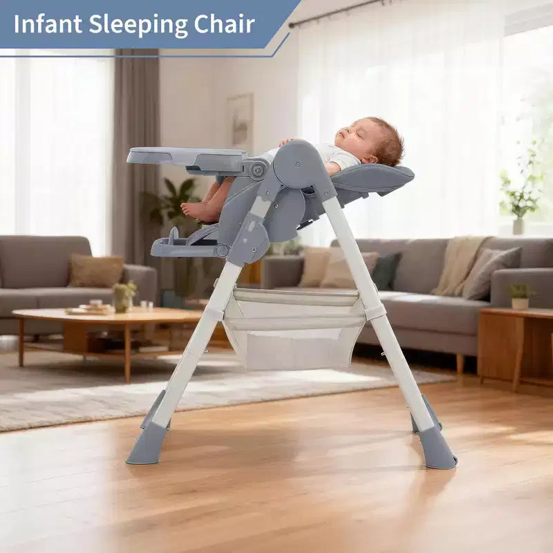 Chaise haute bébé pliable avec harnais 5 points – Hauteur réglable, tablette amovible et roulettes verrouillables, chaise haute portable en cuir PU (gris foncé)