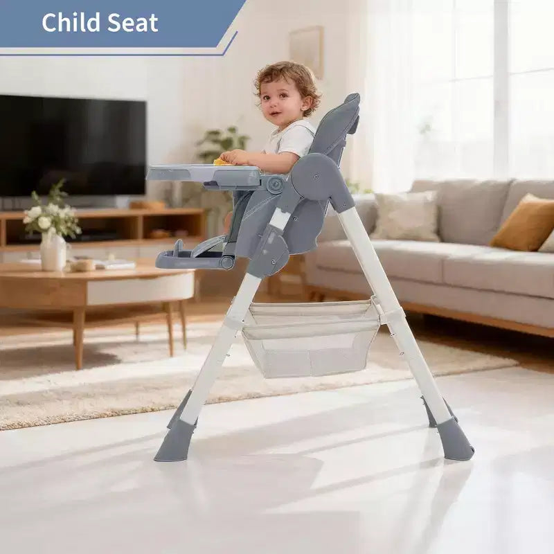 Chaise haute bébé pliable avec harnais 5 points – Hauteur réglable, tablette amovible et roulettes verrouillables, chaise haute portable en cuir PU (gris foncé)