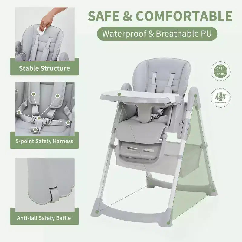 Chaise haute bébé pliable avec harnais 5 points – Hauteur réglable, tablette amovible et roulettes verrouillables, chaise haute portable en cuir PU (gris foncé)