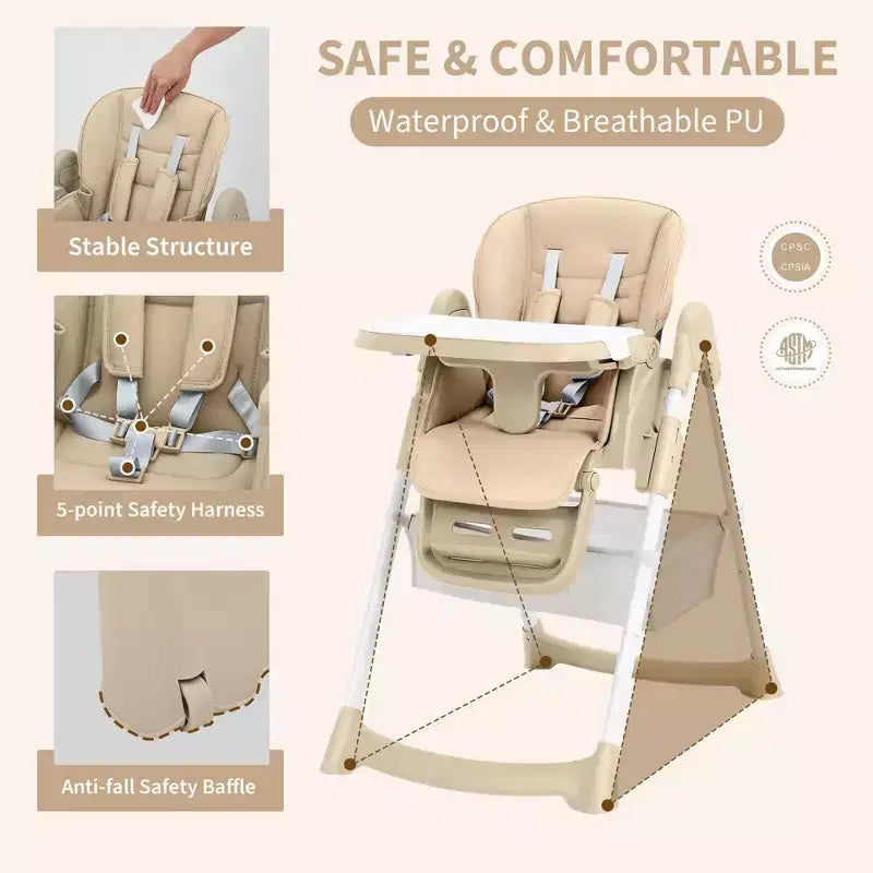 Chaise haute bébé pliable avec harnais 5 points – Hauteur réglable, tablette amovible et roulettes verrouillables, chaise haute portable en cuir PU (gris foncé)