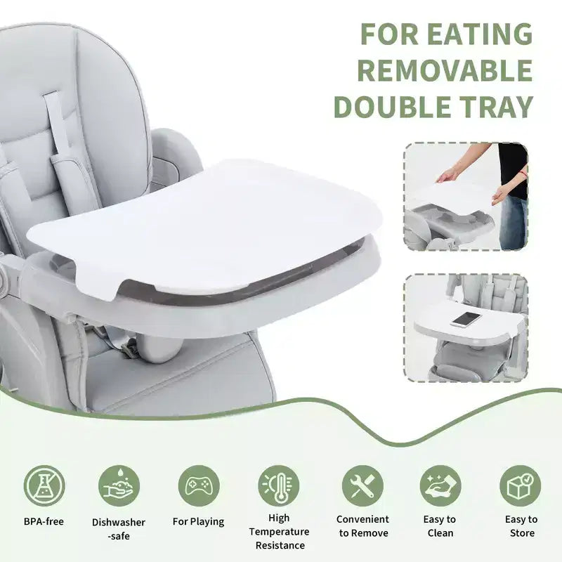 Chaise haute bébé pliable avec harnais 5 points – Hauteur réglable, tablette amovible et roulettes verrouillables, chaise haute portable en cuir PU (gris foncé)