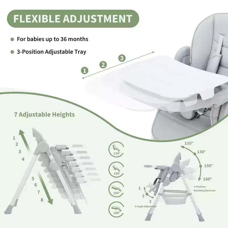 Chaise haute bébé pliable avec harnais 5 points – Hauteur réglable, tablette amovible et roulettes verrouillables, chaise haute portable en cuir PU (gris foncé)