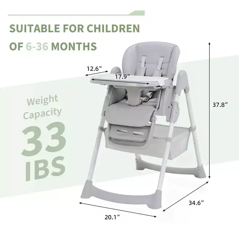 Chaise haute bébé pliable avec harnais 5 points – Hauteur réglable, tablette amovible et roulettes verrouillables, chaise haute portable en cuir PU (gris foncé)
