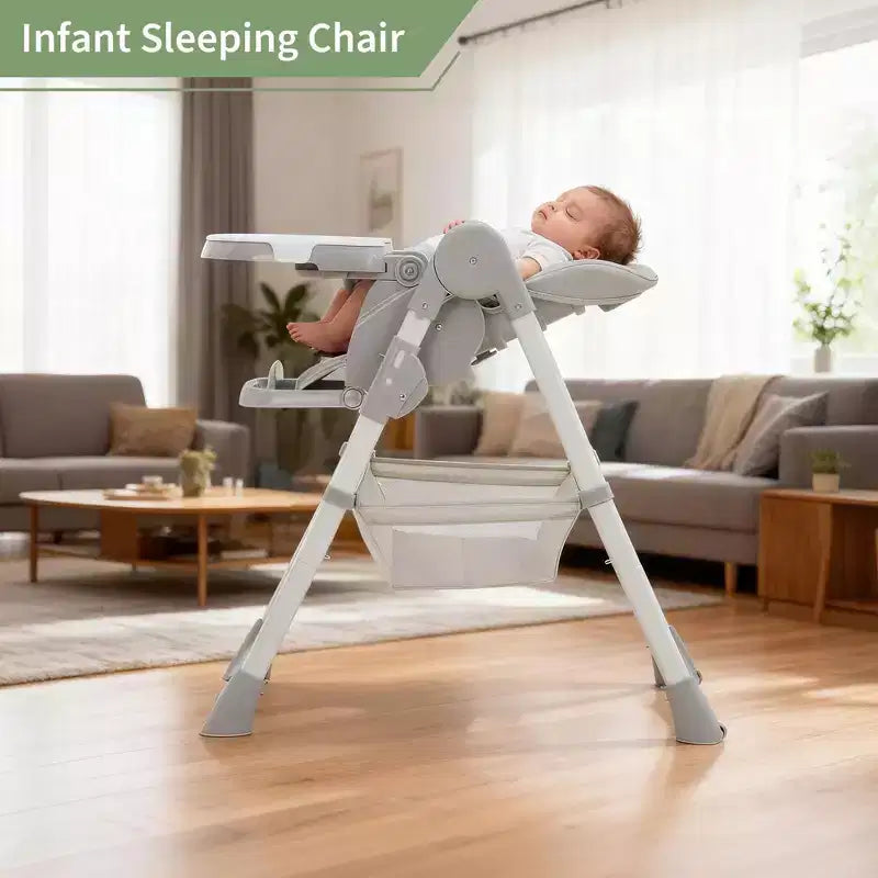 Chaise haute bébé pliable avec harnais 5 points – Hauteur réglable, tablette amovible et roulettes verrouillables, chaise haute portable en cuir PU (gris foncé)