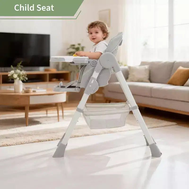Chaise haute bébé pliable avec harnais 5 points – Hauteur réglable, tablette amovible et roulettes verrouillables, chaise haute portable en cuir PU (gris foncé)