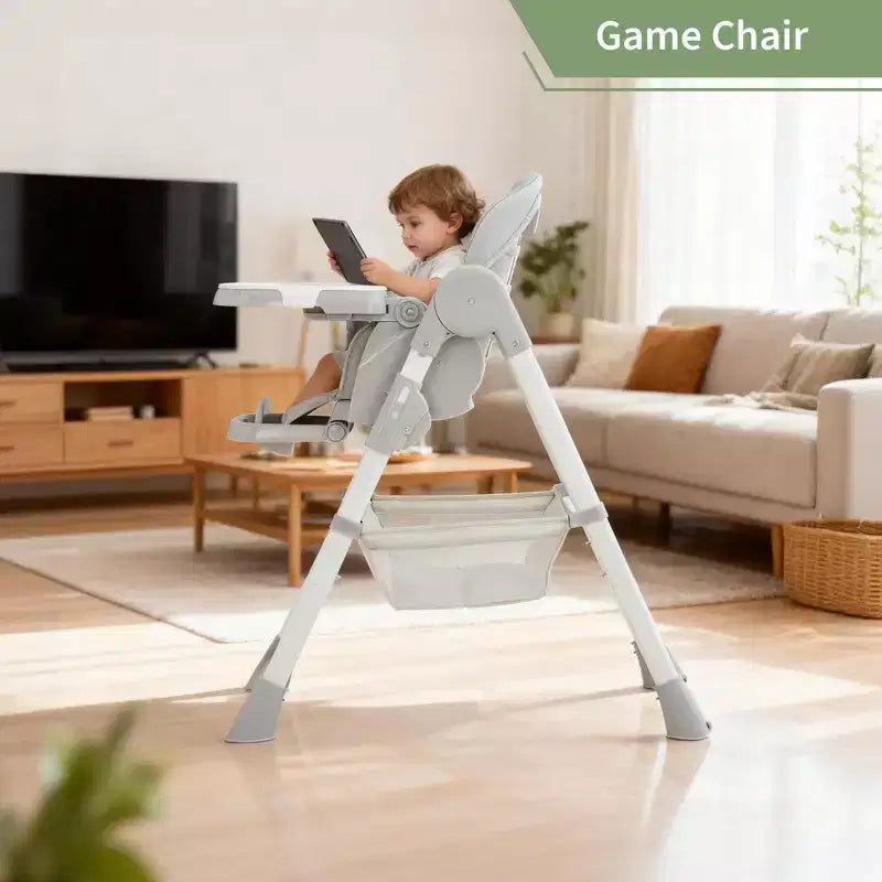 Chaise haute bébé pliable avec harnais 5 points – Hauteur réglable, tablette amovible et roulettes verrouillables, chaise haute portable en cuir PU (gris foncé)