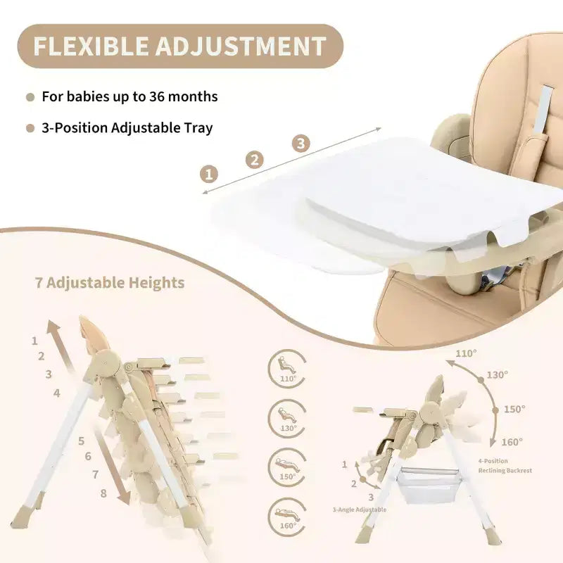 Chaise haute bébé pliable avec harnais 5 points – Hauteur réglable, tablette amovible et roulettes verrouillables, chaise haute portable en cuir PU (gris foncé)