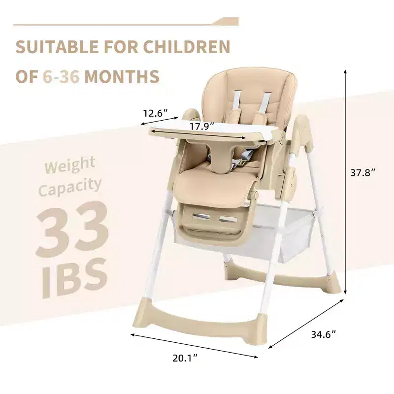 Chaise haute bébé pliable avec harnais 5 points – Hauteur réglable, tablette amovible et roulettes verrouillables, chaise haute portable en cuir PU (gris foncé)