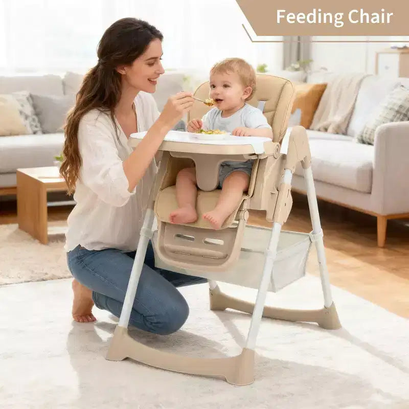 Chaise haute bébé pliable avec harnais 5 points – Hauteur réglable, tablette amovible et roulettes verrouillables, chaise haute portable en cuir PU (gris foncé)