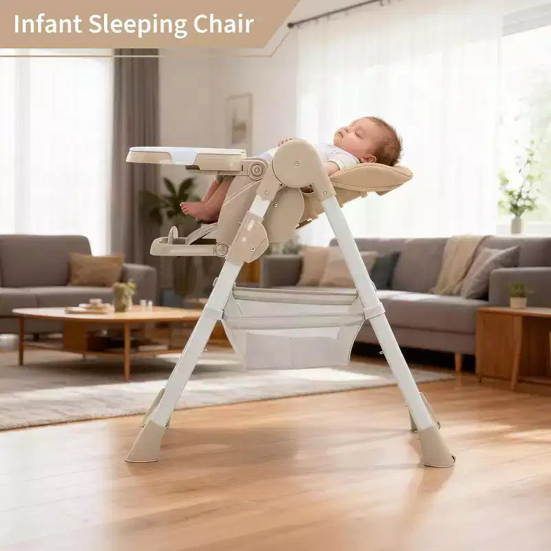 Chaise haute bébé pliable avec harnais 5 points – Hauteur réglable, tablette amovible et roulettes verrouillables, chaise haute portable en cuir PU (gris foncé)