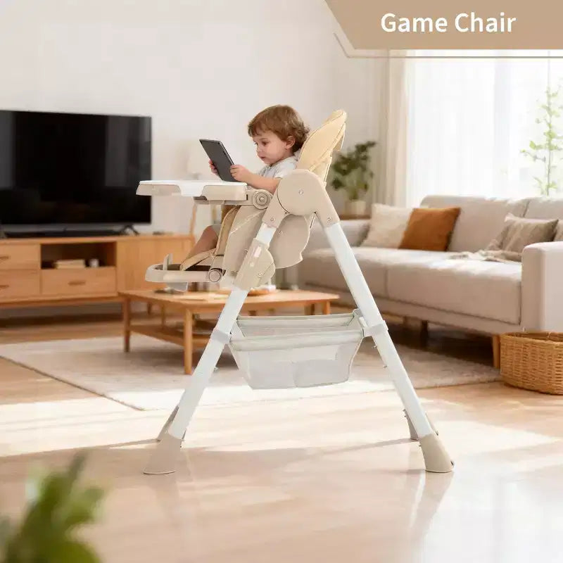 Chaise haute bébé pliable avec harnais 5 points – Hauteur réglable, tablette amovible et roulettes verrouillables, chaise haute portable en cuir PU (gris foncé)