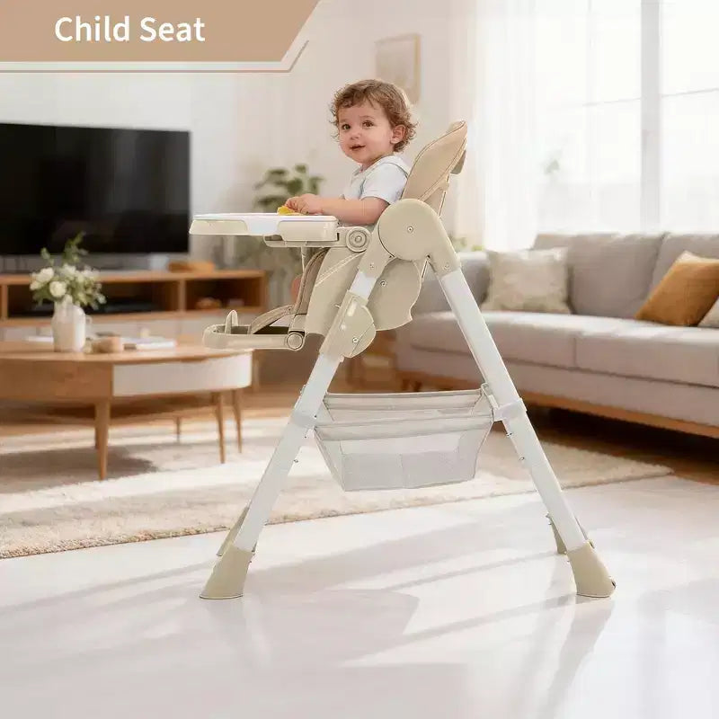Chaise haute bébé pliable avec harnais 5 points – Hauteur réglable, tablette amovible et roulettes verrouillables, chaise haute portable en cuir PU (gris foncé)