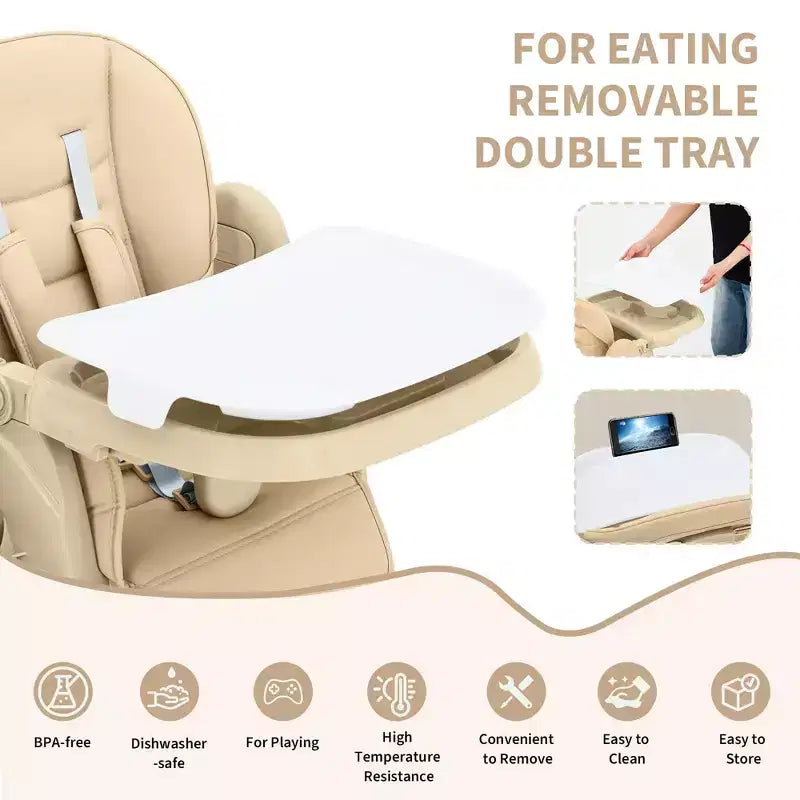 Chaise haute bébé pliable avec harnais 5 points – Hauteur réglable, tablette amovible et roulettes verrouillables, chaise haute portable en cuir PU (gris foncé)
