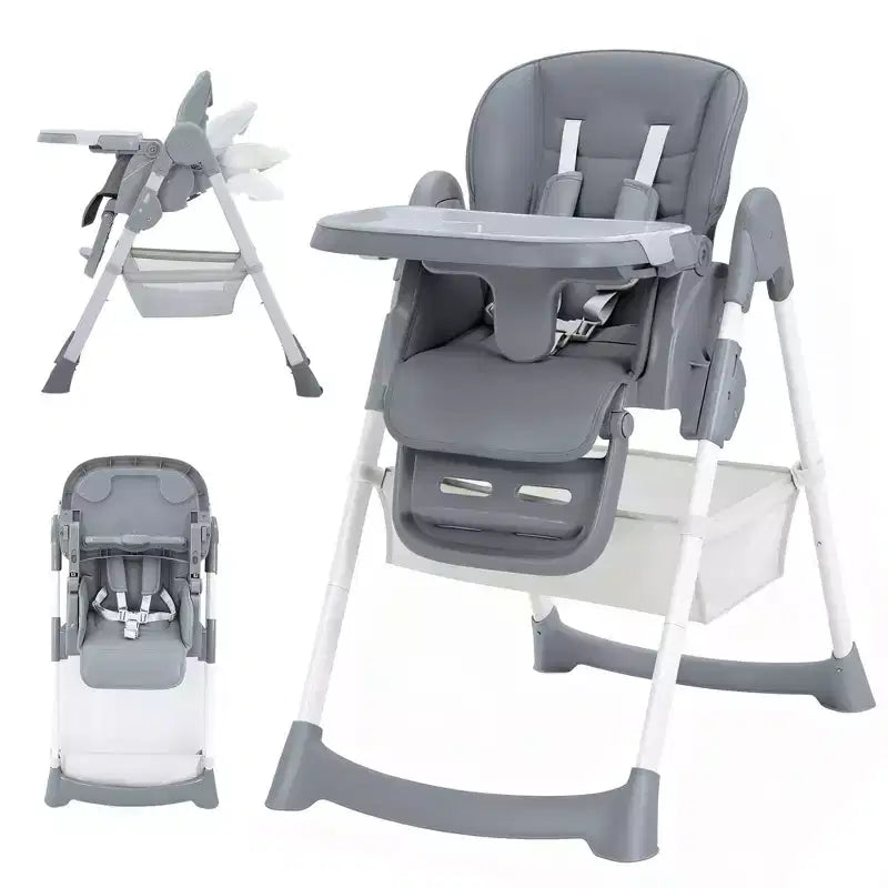 Chaise haute bébé pliable avec harnais 5 points – Hauteur réglable, tablette amovible et roulettes verrouillables, chaise haute portable en cuir PU (gris foncé)