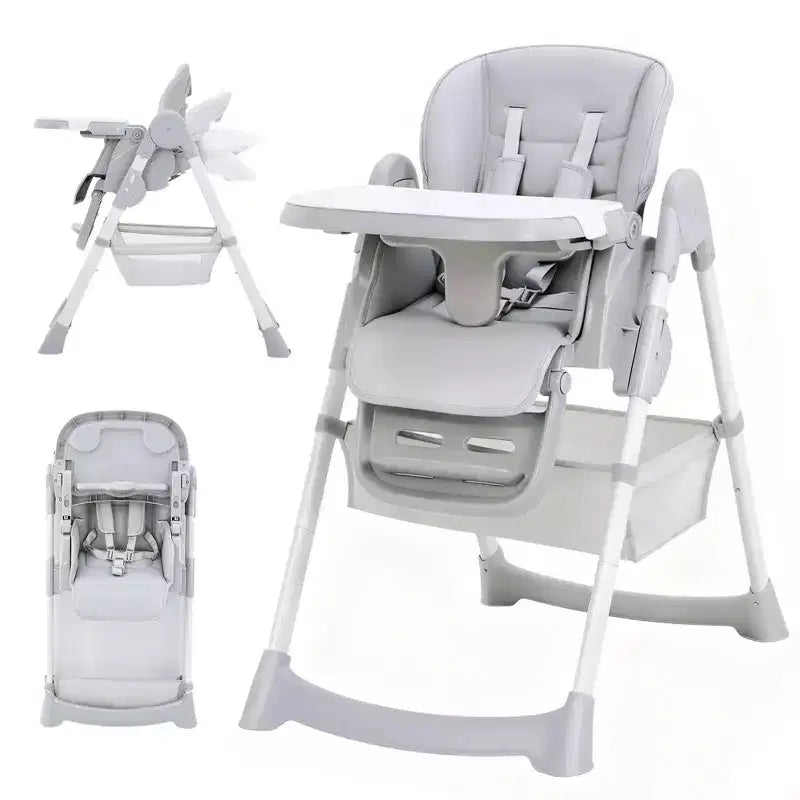 Chaise haute bébé pliable avec harnais 5 points – Hauteur réglable, tablette amovible et roulettes verrouillables, chaise haute portable en cuir PU (gris foncé)