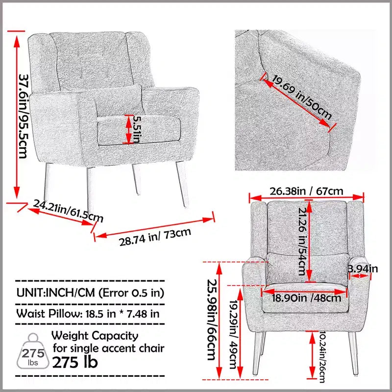 Fauteuil d'appoint moderne de 95,5 cm, fauteuil de lecture rembourré en mousse avec coussin et dossier haut, fauteuil de salon capitonné en tissu chenille