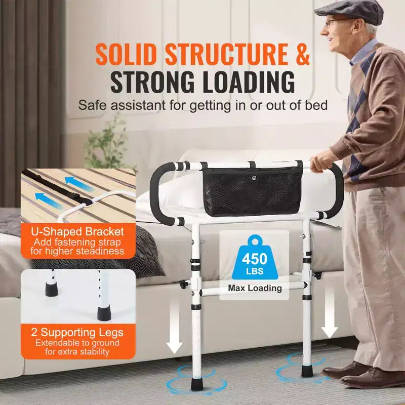 VEVOR Barres de lit pliables pour personnes âgées, poignée de lit pour adultes âgés, barrière de lit pour personnes âgées, capacité de charge de 204 kg, blanche
