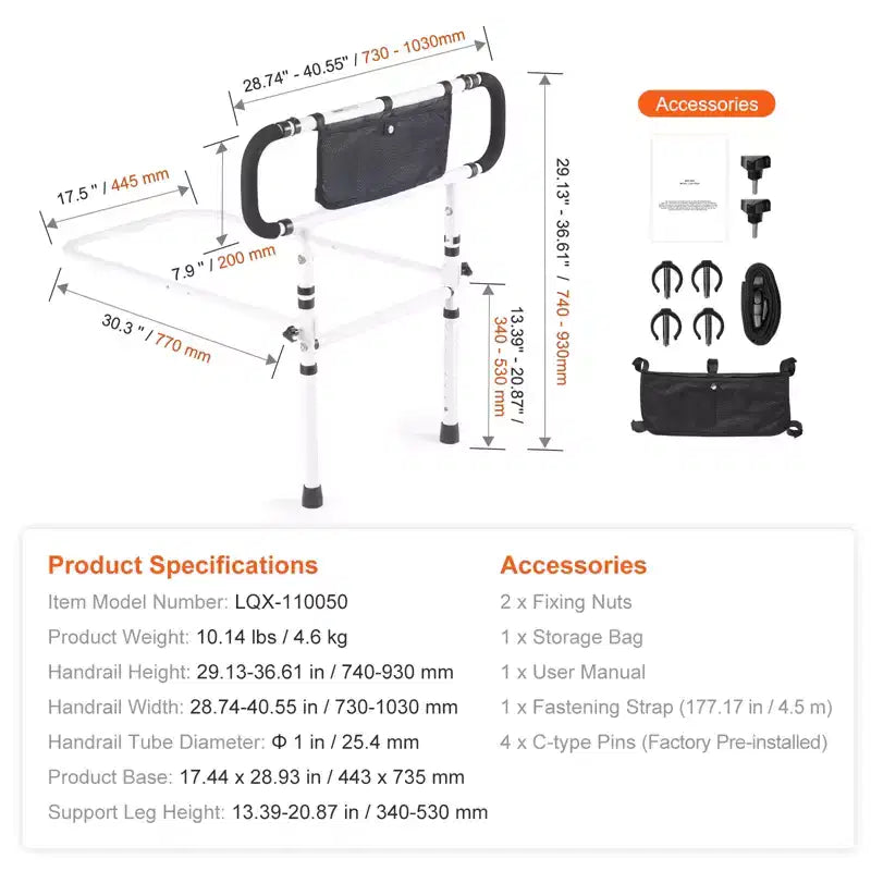 VEVOR Barres de lit pliables pour personnes âgées, poignée de lit pour adultes âgés, barrière de lit pour personnes âgées, capacité de charge de 204 kg, blanche