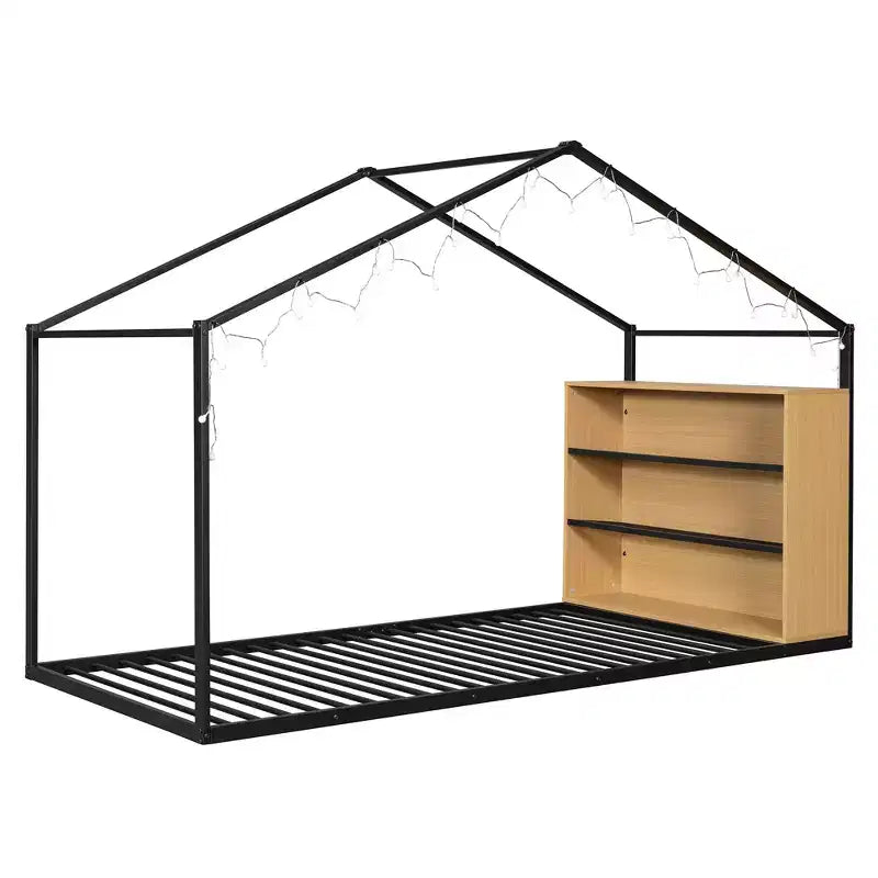 Lit cabane double en métal Luxystar avec étagères et lumières LED