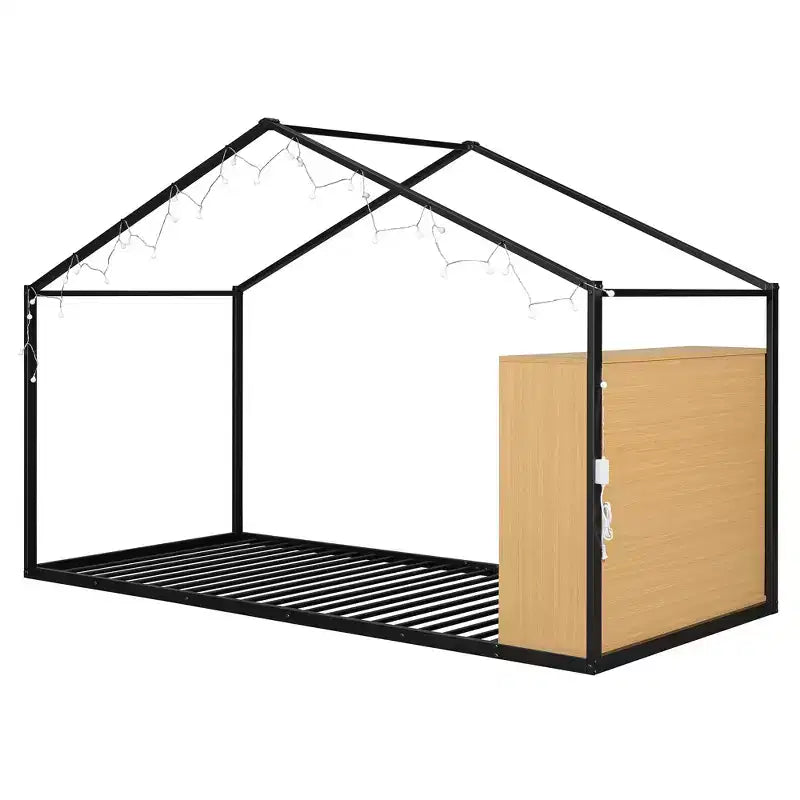 Lit cabane double en métal Luxystar avec étagères et lumières LED
