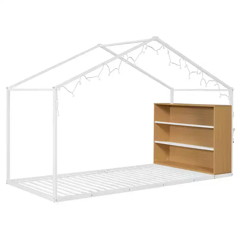 Lit cabane double en métal Luxystar avec étagères et lumières LED