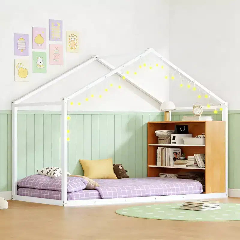 Lit cabane double en métal Luxystar avec étagères et lumières LED