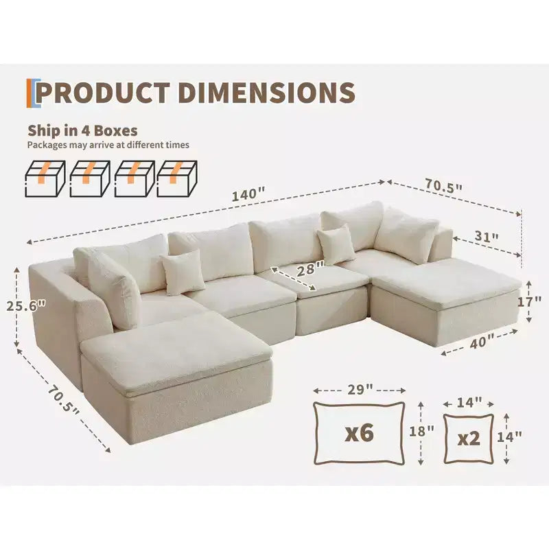 Canapé sectionnel modulaire 140 en U, Cloud Boneless avec double méridienne/ottoman et oreillers en mousse à mémoire de forme Chenille pour salon
