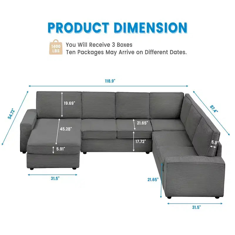 Canapé, Canapé Modulable Sectionnel 10 Places Convertible en U avec Méridienne et Couchage, Accoudoirs Larges, Velours Côtelé, Canapé Nuage pour Salon//Chambre