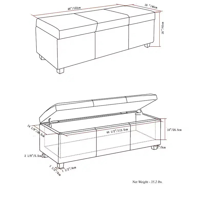 Banc de rangement ottoman de 122 cm de large avec siège rembourré, banc de rangement de bout de lit avec grand espace de rangement, repose-pieds ottoman pour le salon