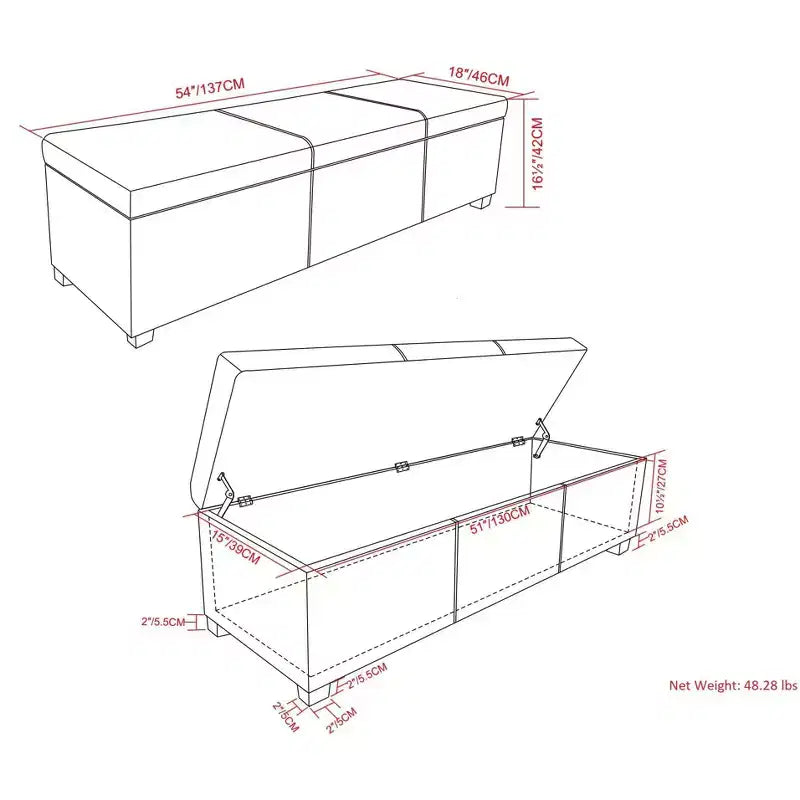 Banc de rangement ottoman de 122 cm de large avec siège rembourré, banc de rangement de bout de lit avec grand espace de rangement, repose-pieds ottoman pour le salon