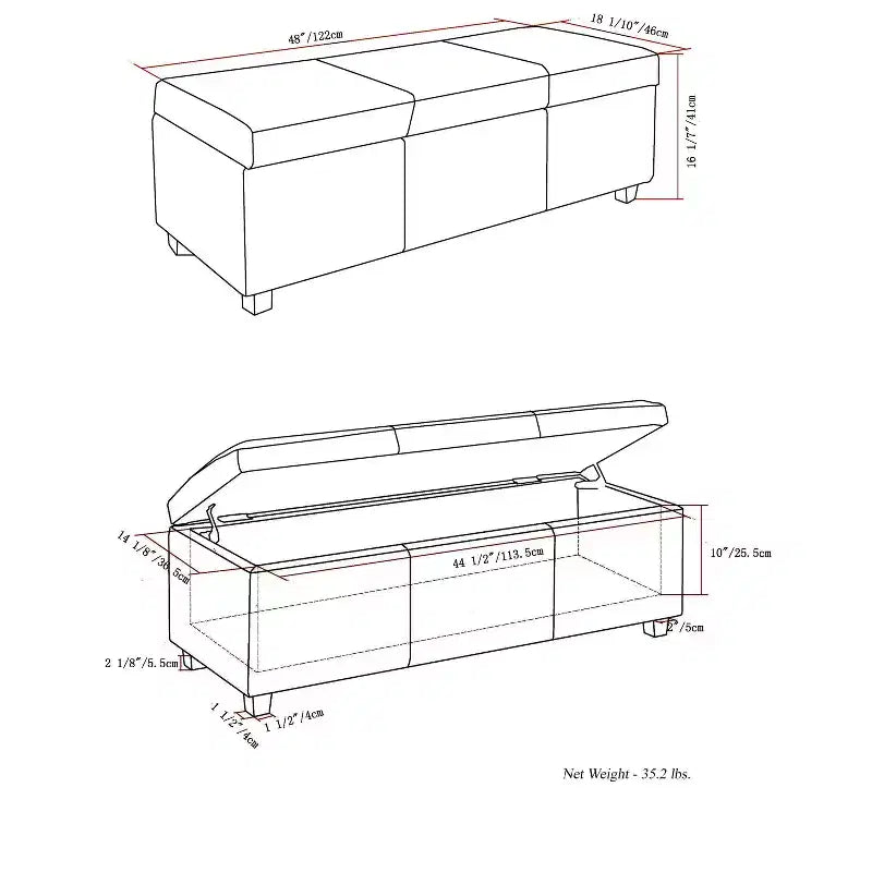 Banc de rangement ottoman de 122 cm de large avec siège rembourré, banc de rangement de bout de lit avec grand espace de rangement, repose-pieds ottoman pour le salon