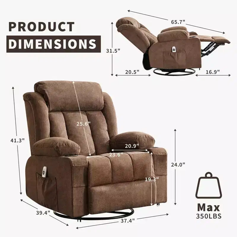 Fauteuil inclinable à bascule avec chaleur et massage - Pivotant à 360°, grand canapé-fauteuil individuel avec 3 positions, ports USB, porte-gobelets, poches latérales