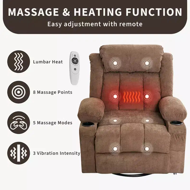 Fauteuil inclinable à bascule avec chaleur et massage - Pivotant à 360°, grand canapé-fauteuil individuel avec 3 positions, ports USB, porte-gobelets, poches latérales