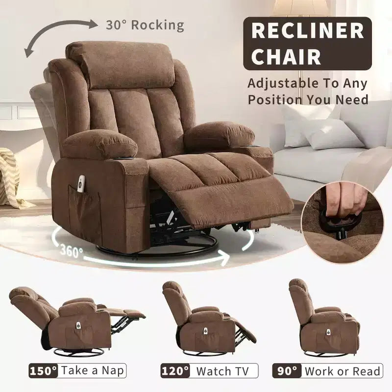 Fauteuil inclinable à bascule avec chaleur et massage - Pivotant à 360°, grand canapé-fauteuil individuel avec 3 positions, ports USB, porte-gobelets, poches latérales