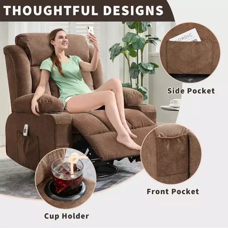 Fauteuil inclinable à bascule avec chaleur et massage - Pivotant à 360°, grand canapé-fauteuil individuel avec 3 positions, ports USB, porte-gobelets, poches latérales