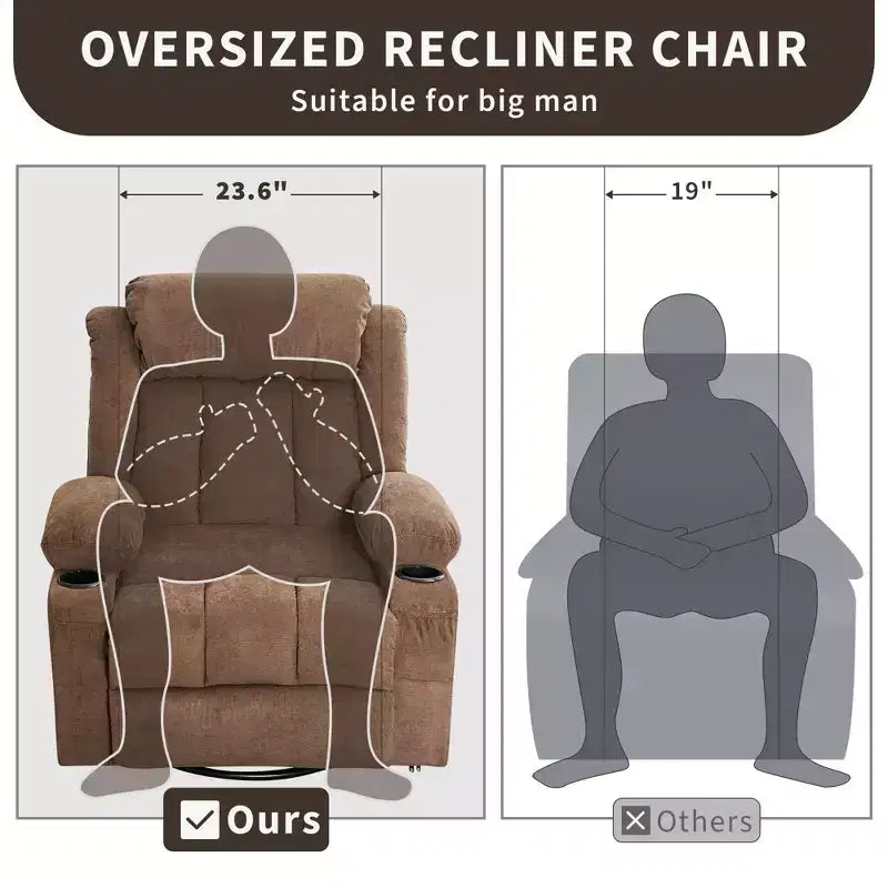 Fauteuil inclinable à bascule avec chaleur et massage - Pivotant à 360°, grand canapé-fauteuil individuel avec 3 positions, ports USB, porte-gobelets, poches latérales