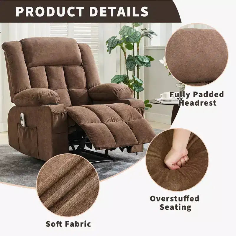 Fauteuil inclinable à bascule avec chaleur et massage - Pivotant à 360°, grand canapé-fauteuil individuel avec 3 positions, ports USB, porte-gobelets, poches latérales
