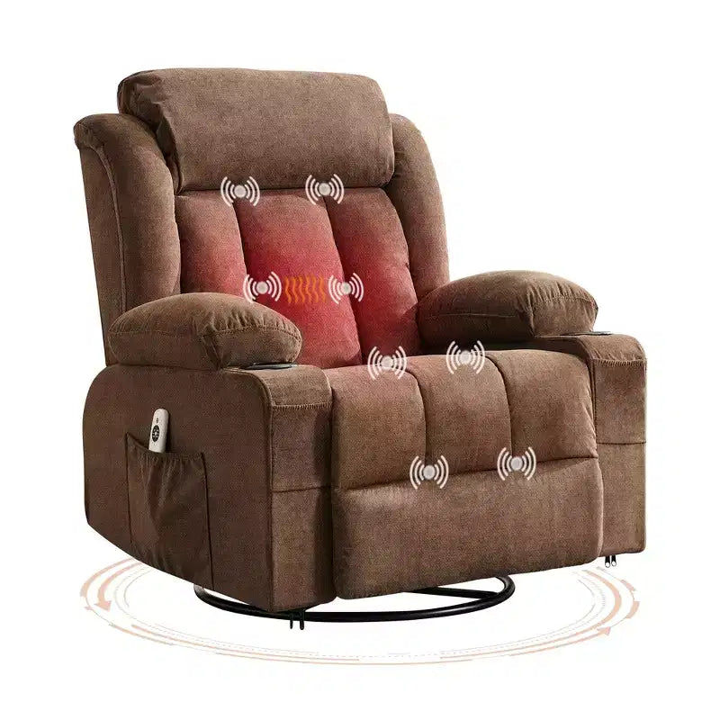 Fauteuil inclinable à bascule avec chaleur et massage - Pivotant à 360°, grand canapé-fauteuil individuel avec 3 positions, ports USB, porte-gobelets, poches latérales