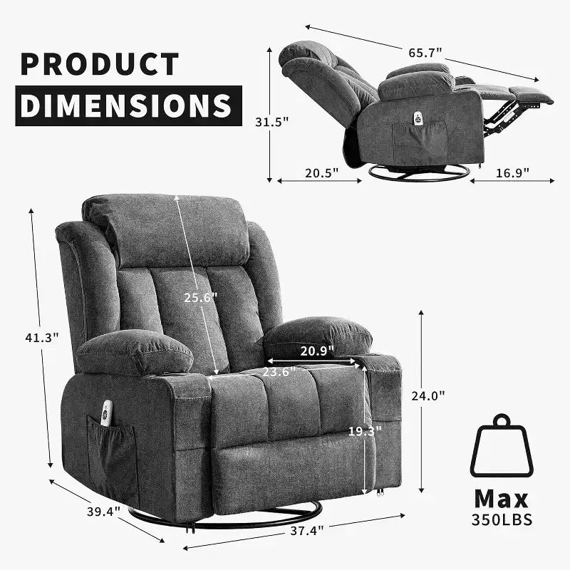 Fauteuil inclinable à bascule avec chaleur et massage - Pivotant à 360°, grand canapé-fauteuil individuel avec 3 positions, ports USB, porte-gobelets, poches latérales