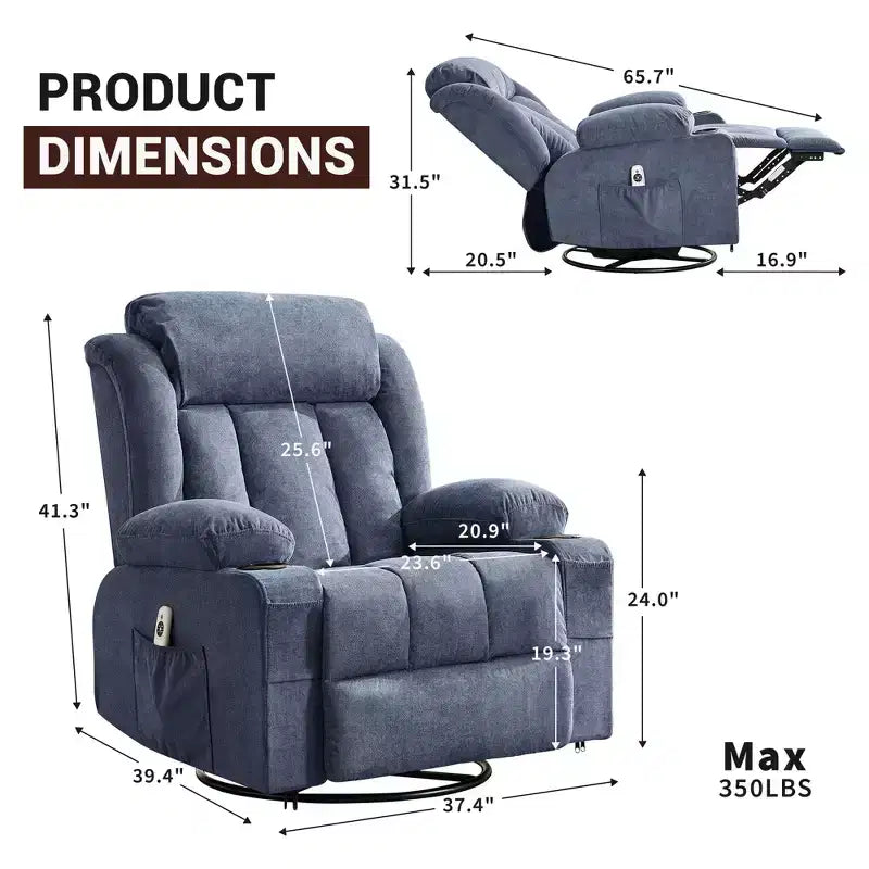 Fauteuil inclinable à bascule avec chaleur et massage - Pivotant à 360°, grand canapé-fauteuil individuel avec 3 positions, ports USB, porte-gobelets, poches latérales