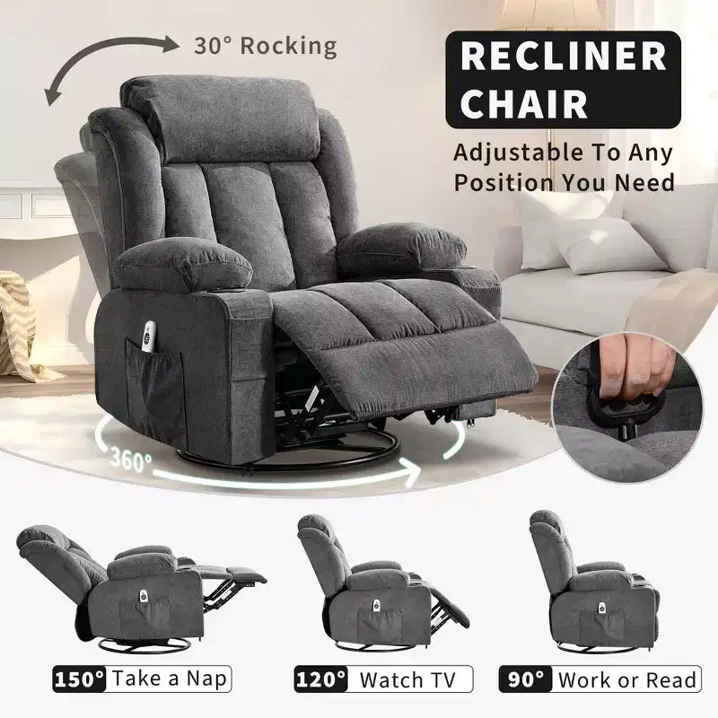 Fauteuil inclinable à bascule avec chaleur et massage - Pivotant à 360°, grand canapé-fauteuil individuel avec 3 positions, ports USB, porte-gobelets, poches latérales