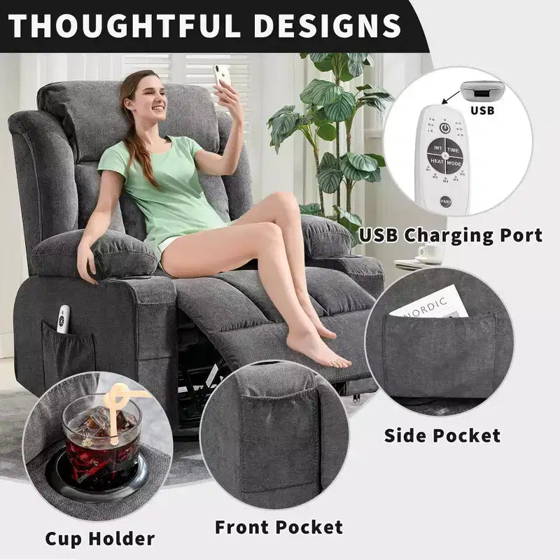 Fauteuil inclinable à bascule avec chaleur et massage - Pivotant à 360°, grand canapé-fauteuil individuel avec 3 positions, ports USB, porte-gobelets, poches latérales