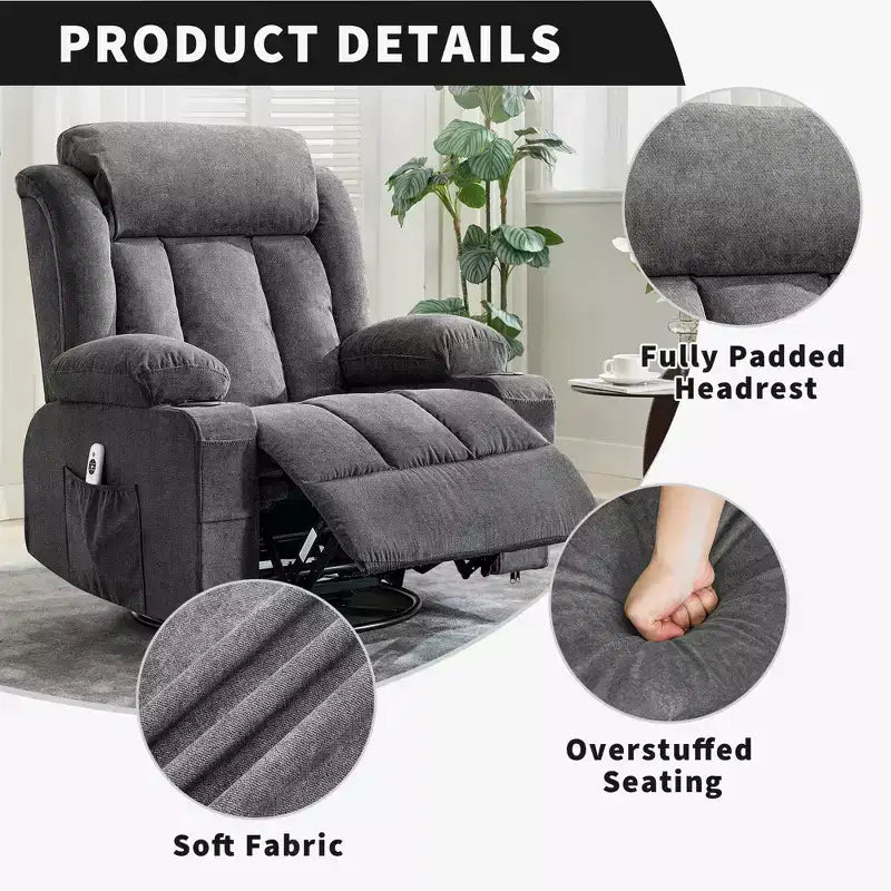 Fauteuil inclinable à bascule avec chaleur et massage - Pivotant à 360°, grand canapé-fauteuil individuel avec 3 positions, ports USB, porte-gobelets, poches latérales