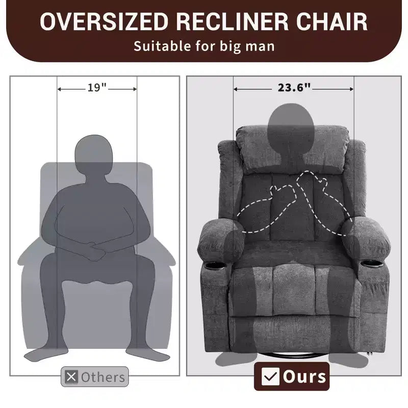 Fauteuil inclinable à bascule avec chaleur et massage - Pivotant à 360°, grand canapé-fauteuil individuel avec 3 positions, ports USB, porte-gobelets, poches latérales